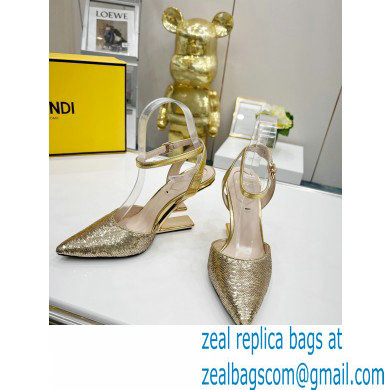 FENDI FIRST Leather High-heeled Sandals Sequins Gold with Ankle Strap 2021