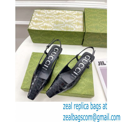 Gucci Heel 4cm Crocodile Print Slingback Pumps Black 2022