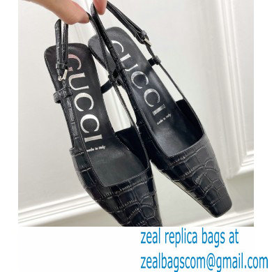 Gucci Heel 4cm Crocodile Print Slingback Pumps Black 2022