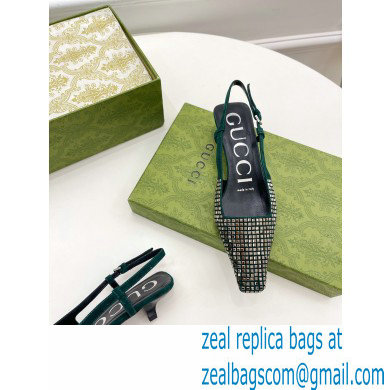 Gucci Heel 4cm Crystals Slingback Pumps Green 2022