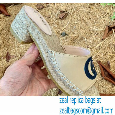 Gucci Heel 6cm Double G Leather Espadrilles Slide Sandals Beige 2022 - Click Image to Close