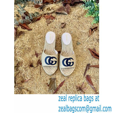 Gucci Heel 6cm Double G Leather Espadrilles Slide Sandals Beige 2022 - Click Image to Close