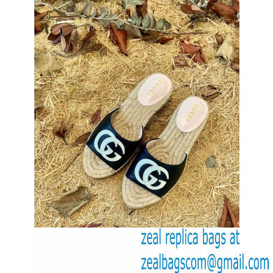 Gucci Heel 6cm Double G Leather Espadrilles Slide Sandals Black 2022 - Click Image to Close