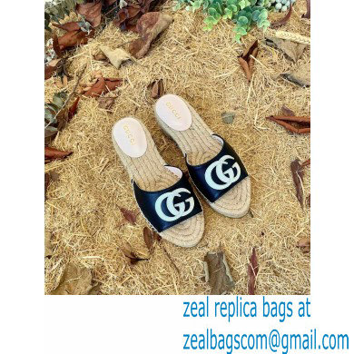 Gucci Heel 6cm Double G Leather Espadrilles Slide Sandals Black 2022 - Click Image to Close
