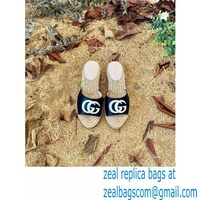 Gucci Heel 6cm Double G Leather Espadrilles Slide Sandals Black 2022