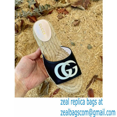 Gucci Heel 6cm Double G Leather Espadrilles Slide Sandals Black 2022 - Click Image to Close