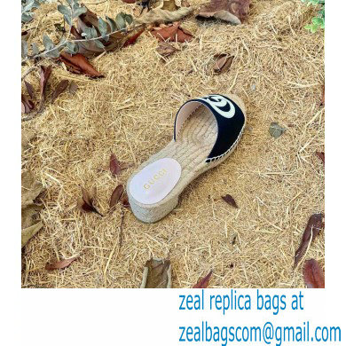 Gucci Heel 6cm Double G Leather Espadrilles Slide Sandals Black 2022