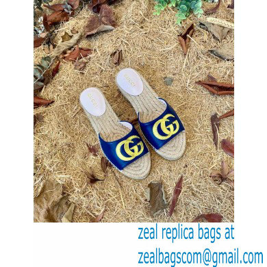 Gucci Heel 6cm Double G Leather Espadrilles Slide Sandals Blue 2022 - Click Image to Close