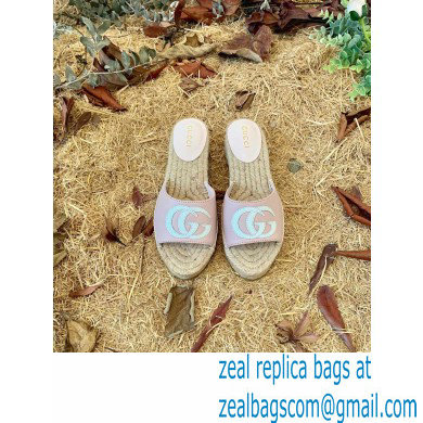 Gucci Heel 6cm Double G Leather Espadrilles Slide Sandals Pastel Pink 2022 - Click Image to Close