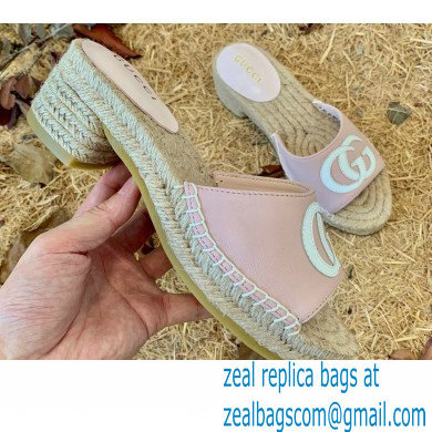 Gucci Heel 6cm Double G Leather Espadrilles Slide Sandals Pastel Pink 2022 - Click Image to Close