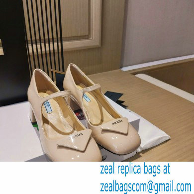 Prada Heel 5cm Triangle Logo Patent Leather Pumps Beige 2021