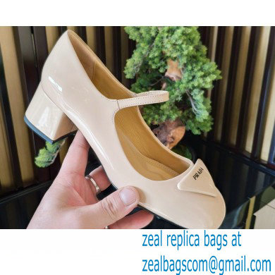 Prada Heel 5cm Triangle Logo Patent Leather Pumps Beige 2021