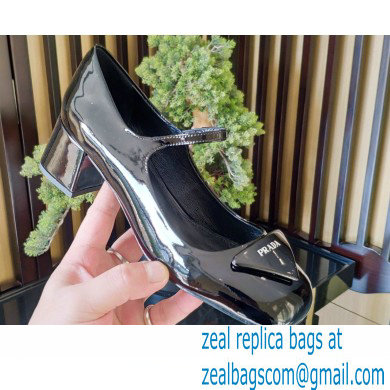 Prada Heel 5cm Triangle Logo Patent Leather Pumps Black 2021 - Click Image to Close