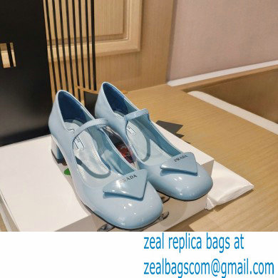 Prada Heel 5cm Triangle Logo Patent Leather Pumps Light Blue 2021