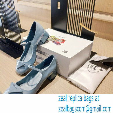 Prada Heel 5cm Triangle Logo Patent Leather Pumps Light Blue 2021 - Click Image to Close