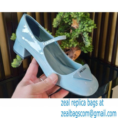 Prada Heel 5cm Triangle Logo Patent Leather Pumps Light Blue 2021