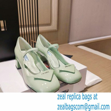 Prada Heel 5cm Triangle Logo Patent Leather Pumps Light Green 2021