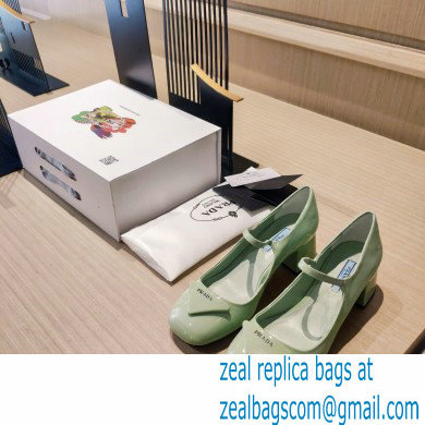 Prada Heel 5cm Triangle Logo Patent Leather Pumps Light Green 2021 - Click Image to Close