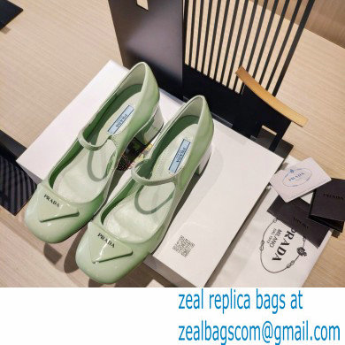 Prada Heel 5cm Triangle Logo Patent Leather Pumps Light Green 2021