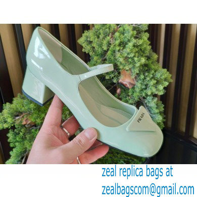 Prada Heel 5cm Triangle Logo Patent Leather Pumps Light Green 2021