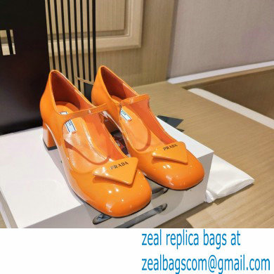 Prada Heel 5cm Triangle Logo Patent Leather Pumps Orange 2021