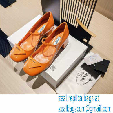 Prada Heel 5cm Triangle Logo Patent Leather Pumps Orange 2021