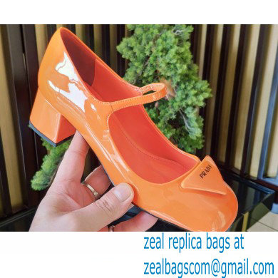 Prada Heel 5cm Triangle Logo Patent Leather Pumps Orange 2021 - Click Image to Close