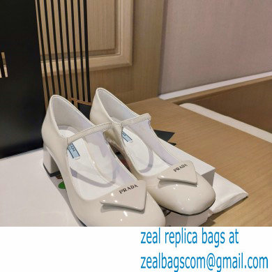 Prada Heel 5cm Triangle Logo Patent Leather Pumps White 2021 - Click Image to Close