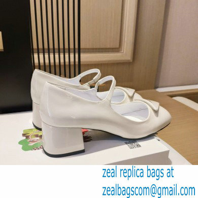 Prada Heel 5cm Triangle Logo Patent Leather Pumps White 2021 - Click Image to Close