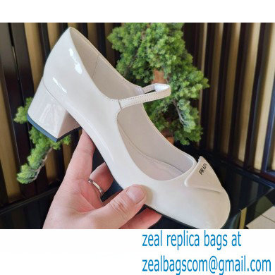 Prada Heel 5cm Triangle Logo Patent Leather Pumps White 2021 - Click Image to Close