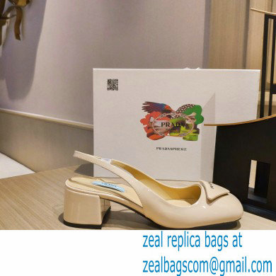 Prada Heel 5cm Triangle Logo Patent Leather Sling-back Pumps Beige 2021