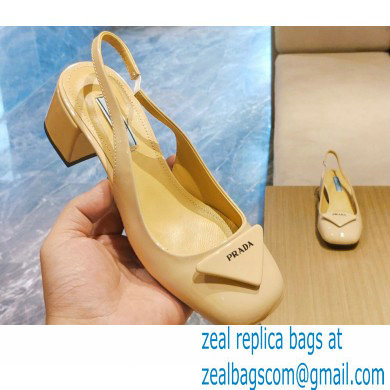 Prada Heel 5cm Triangle Logo Patent Leather Sling-back Pumps Beige 2021 - Click Image to Close