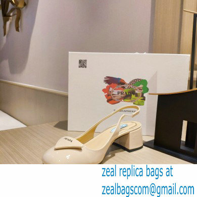 Prada Heel 5cm Triangle Logo Patent Leather Sling-back Pumps Beige 2021