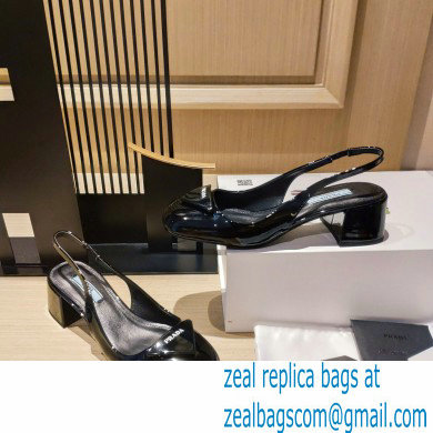 Prada Heel 5cm Triangle Logo Patent Leather Sling-back Pumps Black 2021 - Click Image to Close