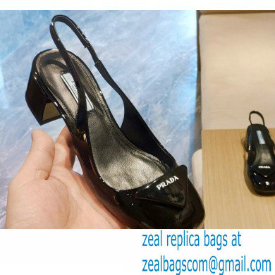 Prada Heel 5cm Triangle Logo Patent Leather Sling-back Pumps Black 2021 - Click Image to Close