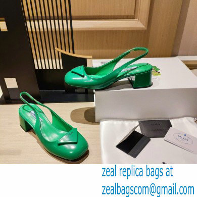 Prada Heel 5cm Triangle Logo Patent Leather Sling-back Pumps Green 2021