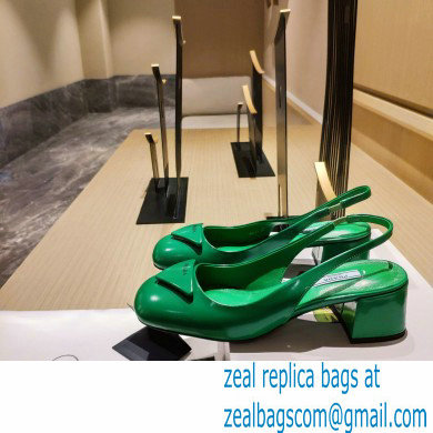 Prada Heel 5cm Triangle Logo Patent Leather Sling-back Pumps Green 2021