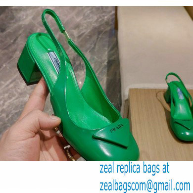 Prada Heel 5cm Triangle Logo Patent Leather Sling-back Pumps Green 2021 - Click Image to Close