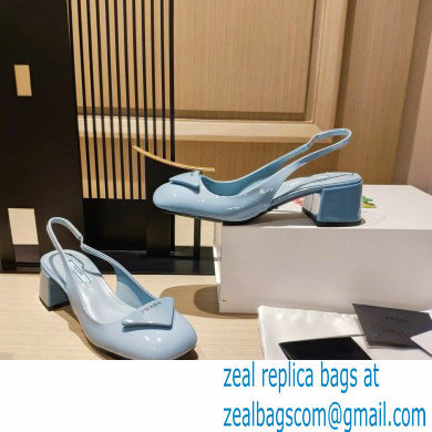Prada Heel 5cm Triangle Logo Patent Leather Sling-back Pumps Light Blue 2021