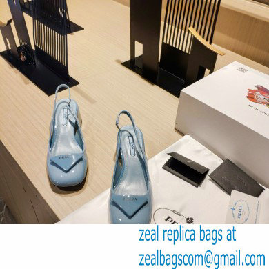 Prada Heel 5cm Triangle Logo Patent Leather Sling-back Pumps Light Blue 2021 - Click Image to Close