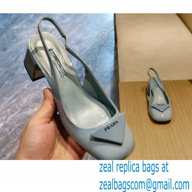 Prada Heel 5cm Triangle Logo Patent Leather Sling-back Pumps Light Blue 2021 - Click Image to Close