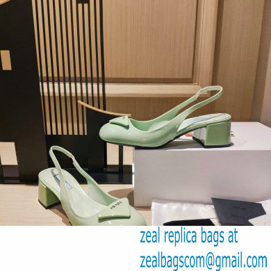 Prada Heel 5cm Triangle Logo Patent Leather Sling-back Pumps Light Green 2021