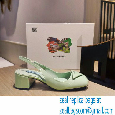 Prada Heel 5cm Triangle Logo Patent Leather Sling-back Pumps Light Green 2021 - Click Image to Close