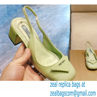 Prada Heel 5cm Triangle Logo Patent Leather Sling-back Pumps Light Green 2021