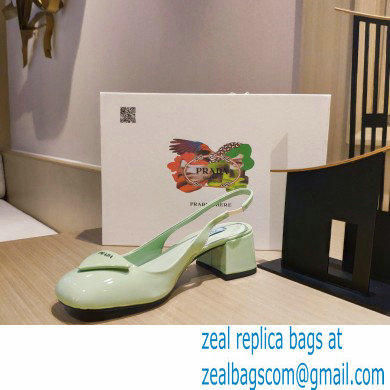 Prada Heel 5cm Triangle Logo Patent Leather Sling-back Pumps Light Green 2021 - Click Image to Close