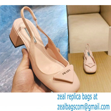 Prada Heel 5cm Triangle Logo Patent Leather Sling-back Pumps Light Pink 2021 - Click Image to Close