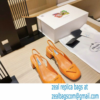 Prada Heel 5cm Triangle Logo Patent Leather Sling-back Pumps Orange 2021 - Click Image to Close