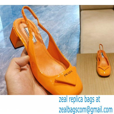 Prada Heel 5cm Triangle Logo Patent Leather Sling-back Pumps Orange 2021 - Click Image to Close