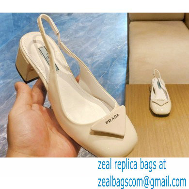 Prada Heel 5cm Triangle Logo Patent Leather Sling-back Pumps White 2021 - Click Image to Close