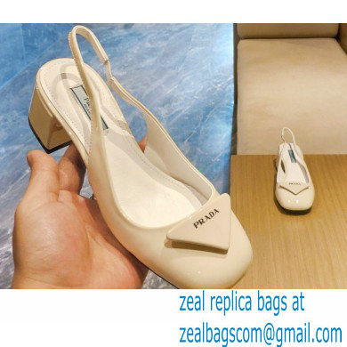 Prada Heel 5cm Triangle Logo Patent Leather Sling-back Pumps White 2021